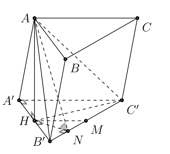 Cho hình lăng trụ  có đáy là tam giác vuông tại  Biết góc giữa hai mặt phẳng  và  bằng  và hình chiếu của  lên  là trung điểm  của đoạn thẳng  Tính bán kính mặt cầu ngoại tiếp tứ diện  theo   (ảnh 1)