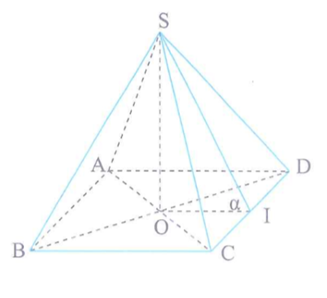 Cho hình chóp tứ giác đều có các mặt bên là những tam giác đều. Cosin của góc giữa mặt bên và mặt đáy của hình chóp là (ảnh 1)