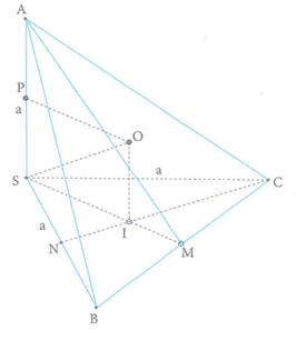 Cho hình chóp SABC có  SA = SB = SC = a ,góc ASB = góc ASC = 90 độ, góc BSC =60 độ. Tính diện tích mặt cầu ngoại tiếp hình chóp (ảnh 1)