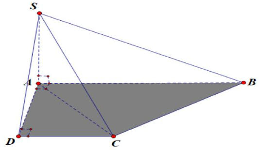 Cho hình chóp có đáy \(ABCD\) là hình thang vuông tại A và D. Cạnh bên SA vuông góc với mặt phẳng đáy,\(AB = 2a\), cạnh \(SC\) hợp với đáy một góc \({30^0}\).Tính thể tích khối chóp \(S.ABC\) (ảnh 1)