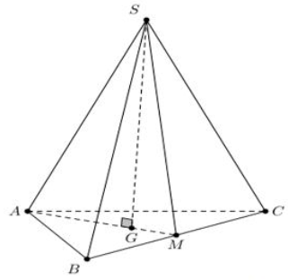 Cho khối tam giác đều \(S.ABC\) có cạnh đáy bằng \(a\) và thể tích bằng \(\frac{{{a^3}}}{{4\sqrt 3 }}.\) Tính góc giữa cạnh bên và mặt đáy?  (ảnh 1)