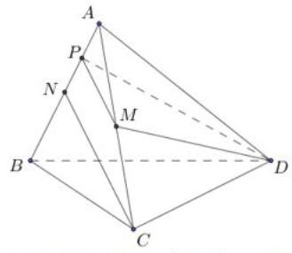 Cho tứ diện đều \(ABCD\) cạnh \(a.\) Lấy \(N,M\) là trung điểm của \(AB\) và \(AC.\) Tính khoảng cách \(d\) giữa \(CN\) và \(DM.\)  (ảnh 1)