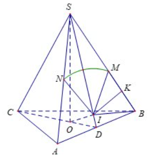 Một mặt cầu tâm \(O\) nằm trên mặt phẳng đáy của hình chóp tam giác đều \(S.ABC\) có tất cả các cạnh bằng nhau, các đỉnh \(A,B,C\) thuộc mặt cầu. Biết bán kính mặt cầu là 1. Tính tổng độ dài  (ảnh 1)