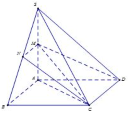 Cho hình chóp \[S.ABCD\] có đáy là hình vuông, cạnh bên \[SA\] vuông góc với đáy. Gọi \[M\], \[N\] là trung điểm của \[SA\], \[SB\]. Mặt phẳng \[MNCD\] chia hình chóp đã cho thành hai phần. t (ảnh 1)
