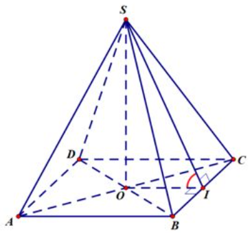 Cho hình chóp đều \(S.ABCD\) cạnh đáy bằng \(a\), \(d\left( {S,\left( {ABCD} \right)} \right) = \frac{{a\sqrt 3 }}{2}\) . Góc giữa mặt phẳng \(\left( {SBC} \right)\) và mặt phẳng \(\left( {AB (ảnh 1)
