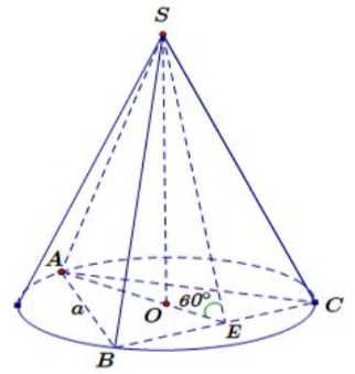 Cho hình chóp đều \(S.ABC\) có cạnh đáy bằng \(a,\) góc giữa mặt bên và mặt đáy bằng \({60^0}.\) Tính theo \(a\) diện tích xung quanh \({S_{xq}}\) của hình nón đỉnh \(S,\) có đáy là đường trò (ảnh 1)