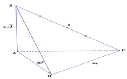 Cho tứ diện \(SABC\) có đáy \(ABC\) là tam giác vuông tại \(B\) với \(\;BC = 4a,\,SA = a\sqrt 3 \) , \(SA \bot (ABC)\) và cạnh bên SB tạo với mặt đáy góc \({30^0}.\) Tính thể tích khối cầu ng (ảnh 1)