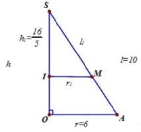 Cho một hình nón đỉnh \[S\] có độ dài đường sinh bằng  \[{\rm{10cm}}\], bán kính đáy bằng \[6\,{\rm{cm}}\]. Cắt hình nón đã cho bởi một mặt phẳng song song với mặt phẳng chứa đáy được một hìn (ảnh 1)