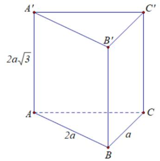 Cho lăng trụ đứng \(ABC.A'B'C'\) có đáy là tam giác \(ABC\) vuông tại \(B;AB = 2a,BC = a,AA' = 2a\sqrt 3 .\) Thể tích khối lăng trụ \(ABC.A'B'C'\) là (ảnh 1)