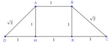 Một hình thang cân \(ABCD\) có đáy nhỏ \(AB = 1,\) đáy lớn \(CD = 3,\) cạnh bên \(BC = AD = \sqrt 2 .\) Cho hình thang \(ABCD\) quay quanh \(AB\) ta được khối nó xoay có thể tích là (ảnh 1)
