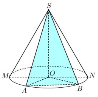 Cho mặt nón tròn xoay đỉnh \(S\) đáy là đường tròn tâm \(O\) có thiết diện qua trục là một tam giác đều cạnh bằng \(a.{\rm{ }}A,B\) là hai điểm bất kì trên đường tròn \(\left( O \right).\) Th (ảnh 1)