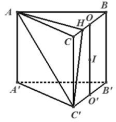 Cho hình lăng trụ đứng \(ABC.A'B'C'\) có đáy \(ABC\) là tam giác vuông tại \(A,AB = a\sqrt 3 ,BC = 2a,\) đường thẳng \(AC'\) tạo với mặt phẳng \(\left( {BCC'B'} \right)\) một góc \({30^0}.\)  (ảnh 1)