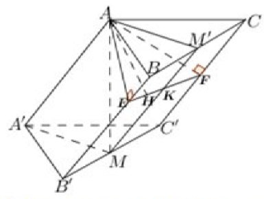 Cho khối lăng trụ \(ABC.A'B'C'\), khoảng cách từ \(C\) đến \(BB'\) bằng \(2a,\) khoảng cách từ \(A\) đến các đường thẳng \(BB'\) và \(CC'\) lần lượt bằng \(a\) và \(a\sqrt 3 \), hình chiếu vu (ảnh 1)