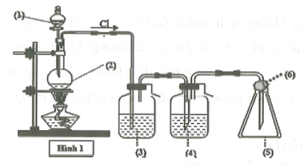 Cho hình vẽ mô tả thí nghiệm điều chế khí Cl2 trong phòng thí nghiệm:   Trong phễu (1) chứa  (ảnh 1)