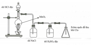 Cho hình vẽ mô tả quá trình điều chế Cl2 trong phòng thí nghiệm như sau: (ảnh 1)