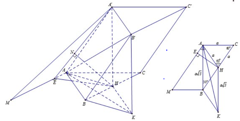  Cho lăng trụ tam giác ABC.A'B'C' có đáy ABC là tam giác vuông tại A,AB = a căn 3 ,AC = a. Điểm A' cách đều ba điểm A,B,C. (ảnh 1)