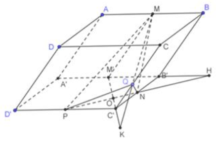 Cho khối chóp ABCD.A'B'C'D' có thể tích V. Gọi M,N,P lần lượt là trung điểm các cạnh AB,B'C' và C'D', điểm Q thuộc cạnh  (ảnh 1)