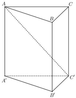 Cho hình lăng trụ tam giác đều ABC.A'B'C' có tất cả các cạnh đều bằng 2. Góc giữa đường thẳng AC' và  (ảnh 1)