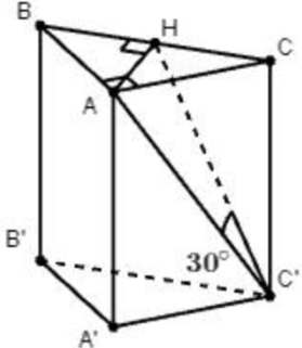  Cho lăng trụ đứng \(ABC.A'B'C'\) có độ dài cạnh bên là \(2a,\) đáy \(ABC\) là tam giác vuông cân tại \(A,\) góc giữa \(AC'\) và mặt phẳng \(\left( {BCC'B'} \right)\) bằng \({30^0}\) (tham kh (ảnh 2)