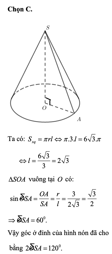 Cho hình nón tròn xoay có bán kính đáy bằng 3 và diện tích xung quanh bằng 6 căn 3 pi .Góc ở đỉnh của hình nón đã cho bằng  (ảnh 1)