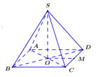 Cho hình chóp tứ giác đều S.ABCD có cạnh đáy bằng a, O là tâm của mặt đáy (ảnh 1)