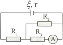 Cho mạch điện có sơ đồ như hình vẽ. Biết suất điện động = 12V; R1 = 4 Ôm; R2=R3=10 Ôm (ảnh 1)