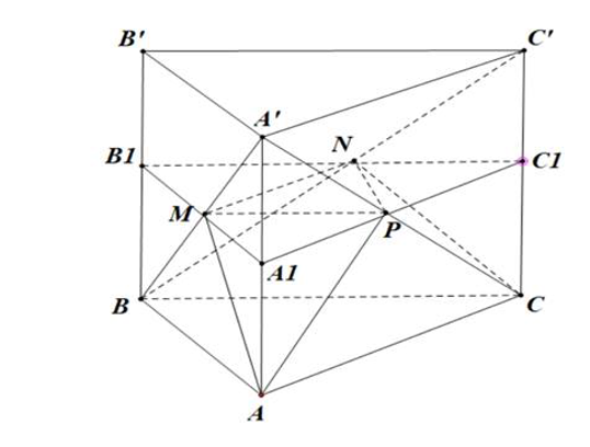 Cho hình lăng trụ ABC.A'B'C' có chiều cao bằng 8 và đáy là tam giác đều cạnh bằng 6. Gọi M,N,P lần lượt là tâm của các mặt bên ABB'A', ACC'A' và BCC'B'. Thể tích của khối đa diện lồi có các đỉnh là các điểm A,B,C,M,N,P bằng:  (ảnh 2)