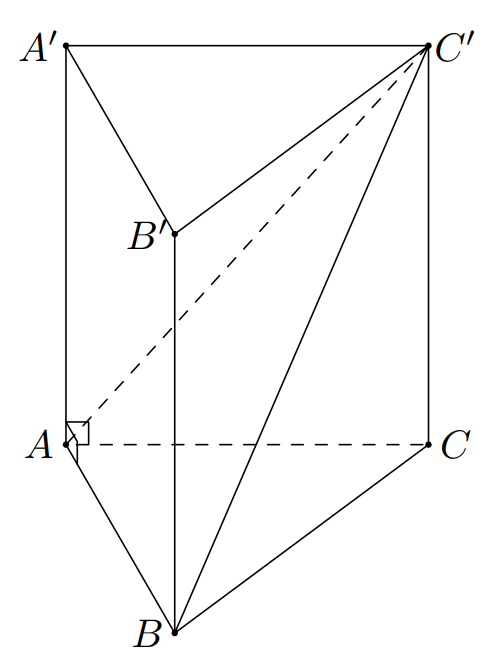 Câu 43: Cho hình lăng trụ đứng  có đáy là tam giác vuông tại  Đường chéo  của mặt bên  tạo với mặt phẳng  một góc bằng . Tính thể tích khối lăng trụ theo  (ảnh 1)