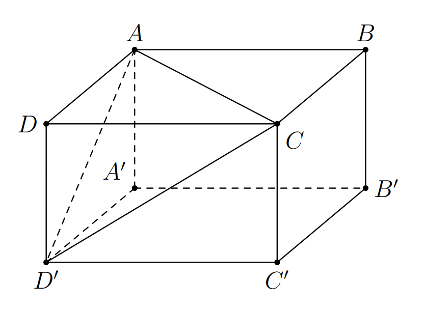 Câu 36: Cho hình hộp chữ nhật ABCD .A'B'C'D' có AB = AA'= a, AC = 2a  Khoảng cách từ điểm D đến mặt phẳng (ACD') là (ảnh 1)