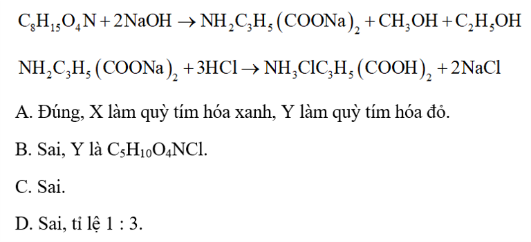Câu 43: Cho sơ đồ chuyển hóa: C8H15O4N + NaOH dư --> X + CH4O + C2H6O. X + HCl dư → Y + 2NaCl (ảnh 1)