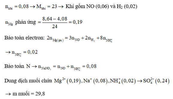 Cho 8,64 gam Mg vào dung dịch hỗn hợp NaNO3 và H2SO4, đun nhẹ hỗn hợp phản ứng (ảnh 1)