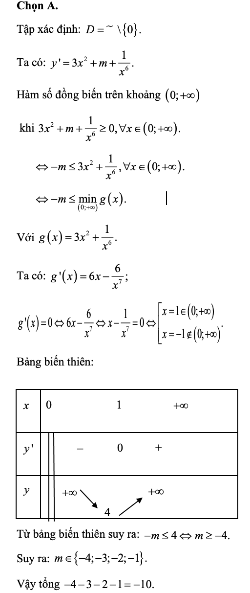 Tổng các giá trị nguyên âm của m để hàm số y= x^3 + mx - 1/5x^5 đồng biến trên khoảng (ảnh 1)