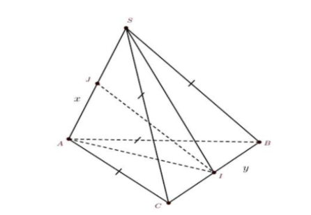 Cho hình chóp S.ABCD có SA=x, BC=y, AB=AC=SB=SC=1 (ảnh 1)