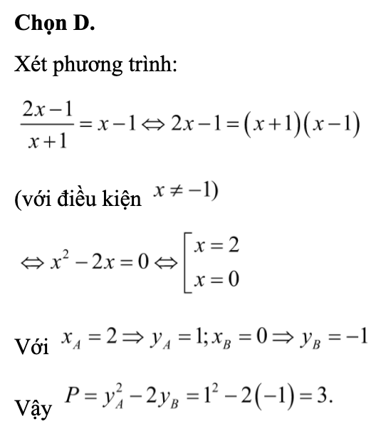 Biết rằng đường thẳng y=x-1 cắt đồ thị hàm số y=2x-1/x+1 tại hai điểm phân biệt  (ảnh 1)