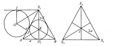 Trên mặt phẳng  (P) cho ba hình tròn bán kính a  tâm là O1;O2;03   đôi một tiếp xúc ngoài với nhau. B (ảnh 1)