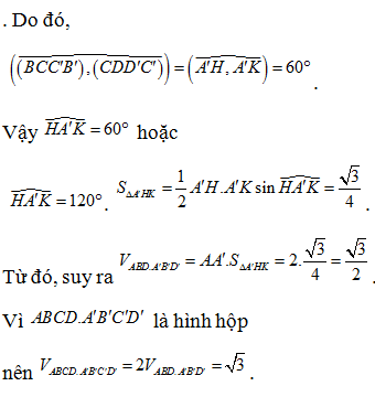 Cho hình hộp ABCD.A’B’C’D’ có A’B’ vuông góc với mặt phẳng đáy(ABCD); góc giữa đường thẳng AA’ với (ABCD) bằng 45.  (ảnh 2)