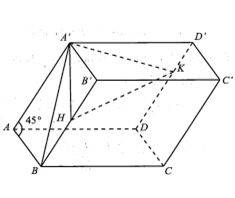 Cho hình hộp ABCD.A’B’C’D’ có A’B’ vuông góc với mặt phẳng đáy(ABCD); góc giữa đường thẳng AA’ với (ABCD) bằng 45.  (ảnh 3)