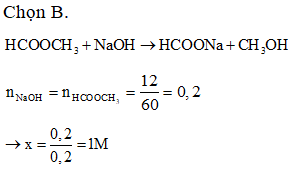 Thủy phân hoàn toàn 12 gam HCOOCH3 cần 200 ml dung dịch NaOH x M. Giá trị của x là (ảnh 1)