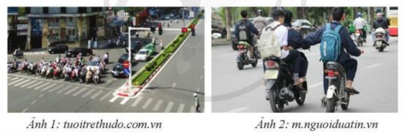 Em hãy quan sát các ảnh dưới đây và cho biết, người tham gia giao thông trong mỗi ảnh đã có hành vi như thế nào? Có phù hợp với pháp luật hay không? (ảnh 1)