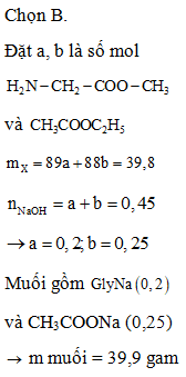 Cho 39,8 gam hỗn hợp X gồm H2N-CH2-COO-CH3 và CH3COOC2H5 (ảnh 1)