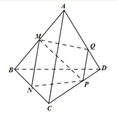 Cho tứ diện ABCD có M, N theo thứ tự là trung điểm của AB, BC. Gọi P là điểm thuộc cạnh CD sao cho (ảnh 1)