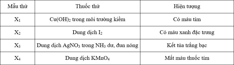 Tiến hành thí nghiệm các dung dịch X1; X2; X3 và X4 với thuốc thử theo bảng sau: (ảnh 1)