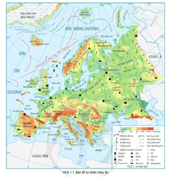 Đọc thông tin và quan sát hình 1.1, hãy: - Châu Âu tiếp giáp với các biển, đại dương và châu lục nào (ảnh 1)