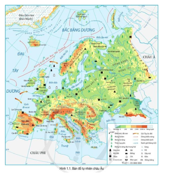 Đọc thông tin và quan sát hình 1.1, hãy: - Kể tên các dãy núi và các đồng bằng lớn của châu Âu (ảnh 1)