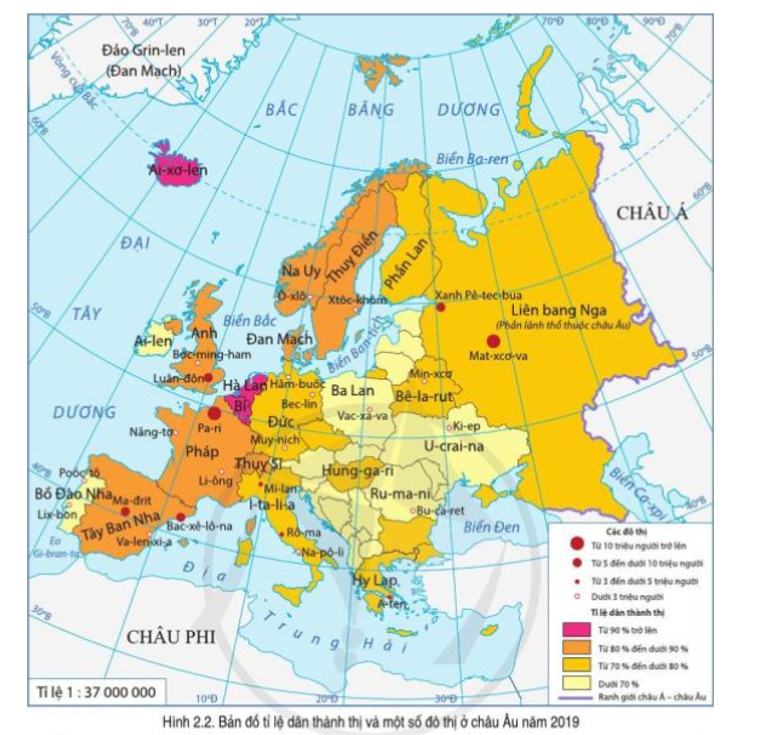 Đọc thông tin và quan sát hình 2.2, hãy trình bày đặc điểm đô thị hóa ở châu Âu (ảnh 1)