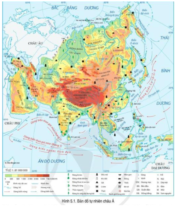 Đọc thông tin và quan sát hình 5.1, hãy: - Nêu đặc điểm địa hình và khoáng sản châu Á (ảnh 1)