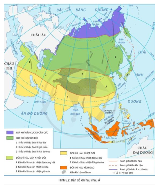 Đọc thông tin và quan sát hình 5.2, hãy: - Nêu đặc điểm khí hậu châu Á. - Nêu ý nghĩa (ảnh 1)
