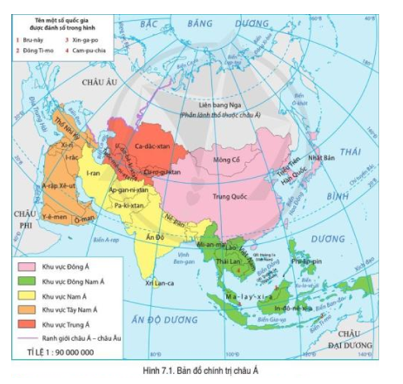 Quan sát hình 7.1, hãy xác định các khu vực của châu Á (ảnh 1)