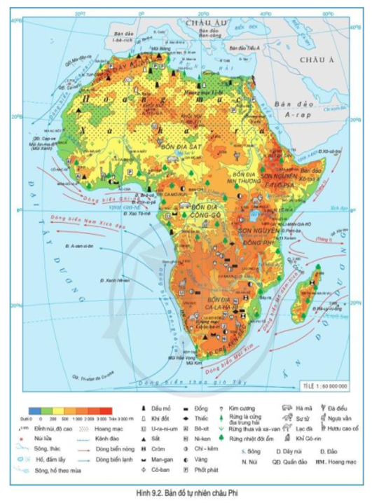 Đọc thông tin và quan sát hình 9.2, hãy cho biết:  - Châu Phi giáp với các biển, đại dương nào (ảnh 1)