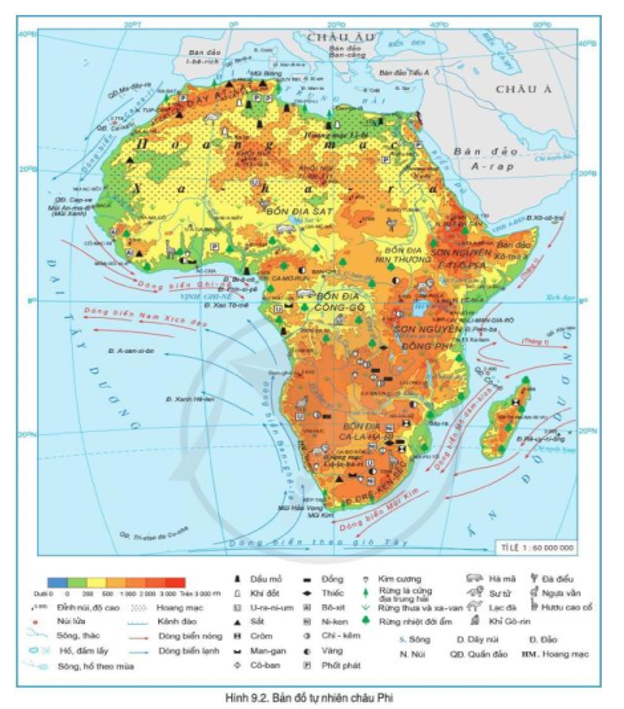 Đọc thông tin và quan sát hình 9.2, hãy: - Xác định các sơn nguyên, bồn địa, các dãy núi của châu Phi (ảnh 1)